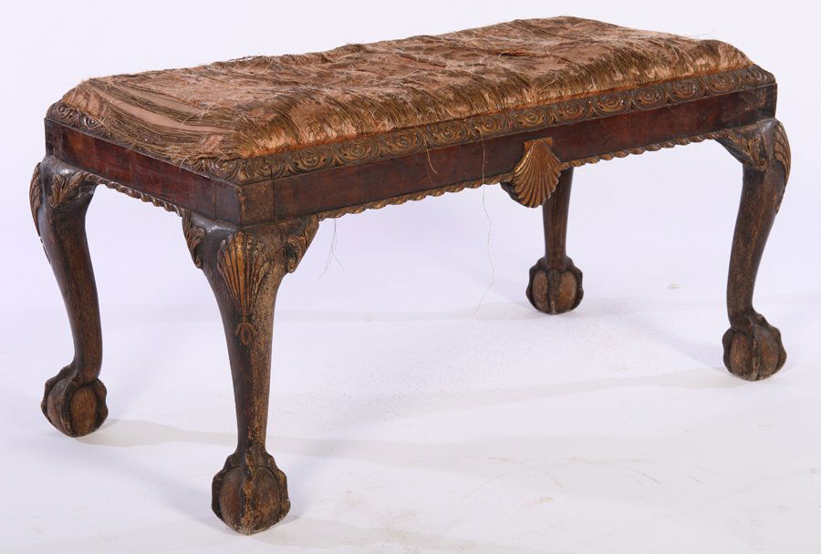 GEORGE III STYLE BENCH SILK UPHOLSTERED C.1900 (1 of 6)