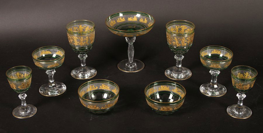 FINE SET 49 GREEN CUT TO CLEAR CRYSTAL ITEMS 1930 (1 of 8)