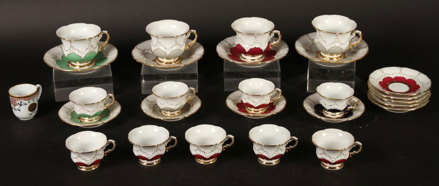 27 PORCELAIN CUPS BY MEISSEN CROSSED SWORDS 1930: A lot of twenty-seven porcelain cups and saucers by Meissen having crossed swords mark to bases along with one Chinese cup circa 1930. The Chinese cup having a Elinor Gordon label. Provenance: From th