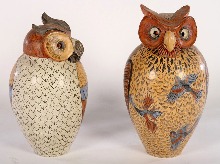 PAIR STONEWARE OWL CANISTERS MARKED C.1960 (1 of 5)