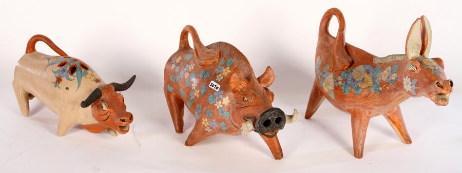 3 PC POLYCHROMED STONEWARE ANIMALS MARKED 1960 (1 of 5)