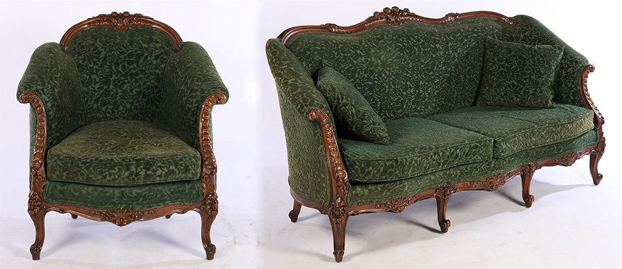 2 PC CARVED WALNUT SALON SET SOFA CLUB CHAIR 1890 (1 of 8)