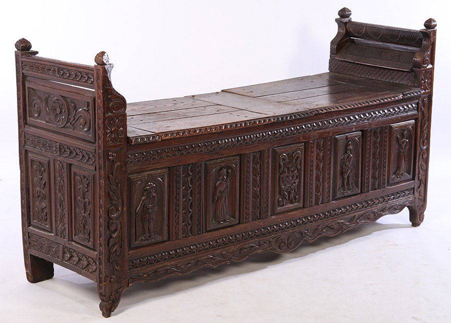 ANTIQUE OAK HEAVILY CARVED LIFT LID BENCH (1 of 8)