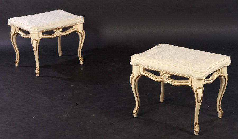 PAIR ITALIAN CARVED PAINTED BENCHES UPHOLSTERED (1 of 5)