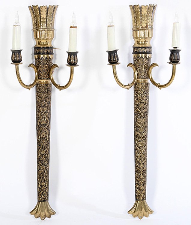 PAIR CUT BRASS 2-ARM SCONCES C.1950 (1 of 4)