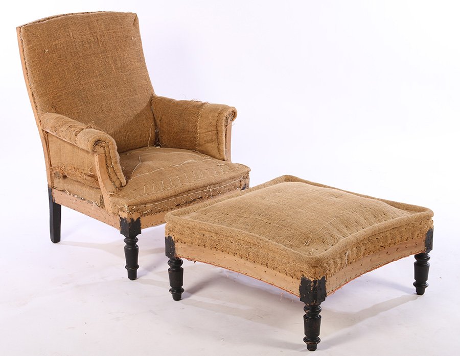 FRENCH NAPOLEON III CLUB CHAIR & OTTOMAN C.1890: A French Napoleon III club chair and matching ottoman raised on ebonized and turned legs circa 1890. Ht: 37" Width: 30" Depth: 23" Seat Height: 14"