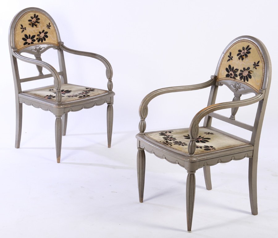 PAIR PAINTED FRENCH ART NOUVEAU ARM CHAIRS C.1915 (1 of 6)