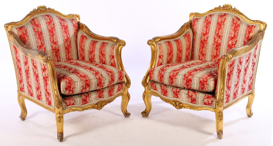 PAIR LOUIS XV CARVED GILT BERGERE CHAIRS C.1930 (1 of 5)