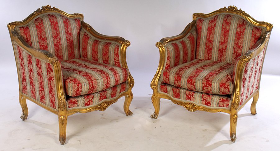 PAIR LOUIS XV CARVED GILT BERGERE CHAIRS C.1930 (1 of 5)