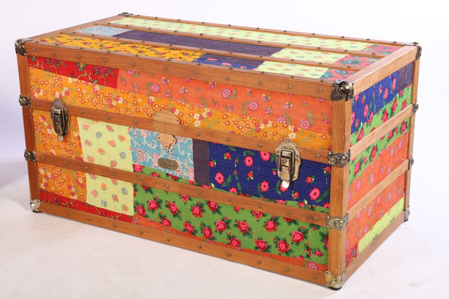 A BRASS STUDDED WOOD TRUNK WITH DRAWERS (1 of 4)