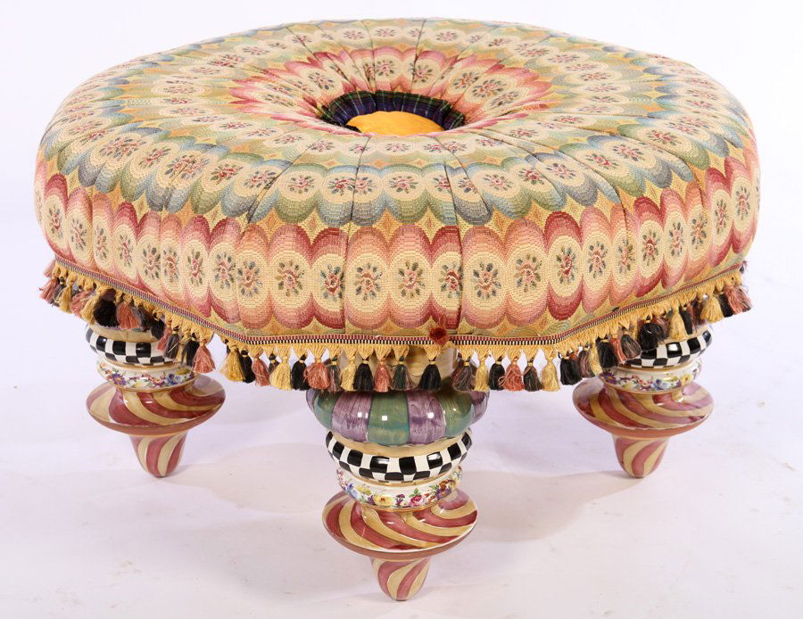 LABELED MACKENZIE CHILDS OTTOMAN UPHOLSTERED (1 of 5)