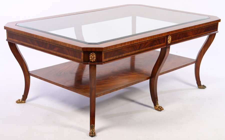 BAKER CROTCH MAHOGANY GLASS TOP COFFEE TABLE (1 of 5)