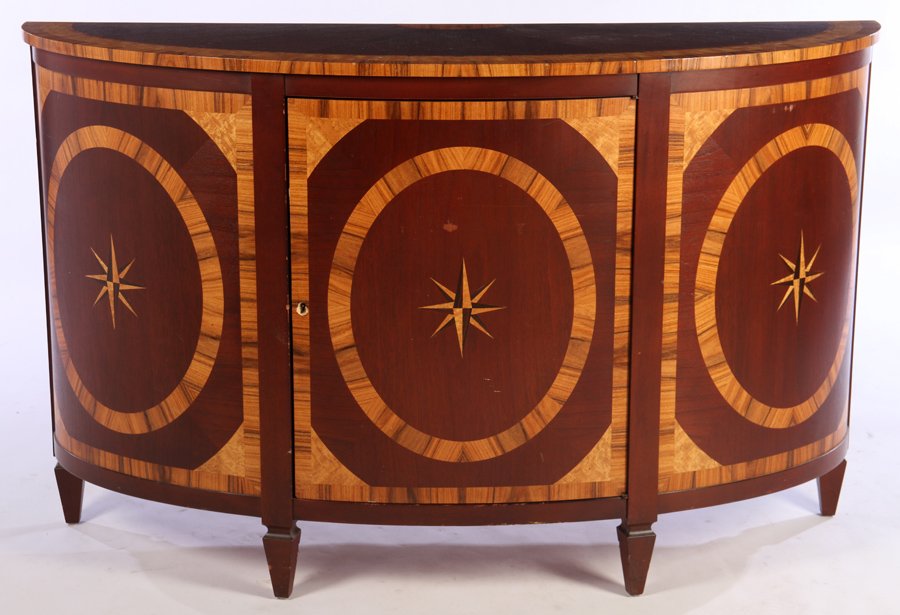 DEMILUNE SERVER BANDED TOP COMPASS DECORATION: A demilune server having banded top over a central door with compass star decoration. Ht: 37" Width: 60" Depth: 19"