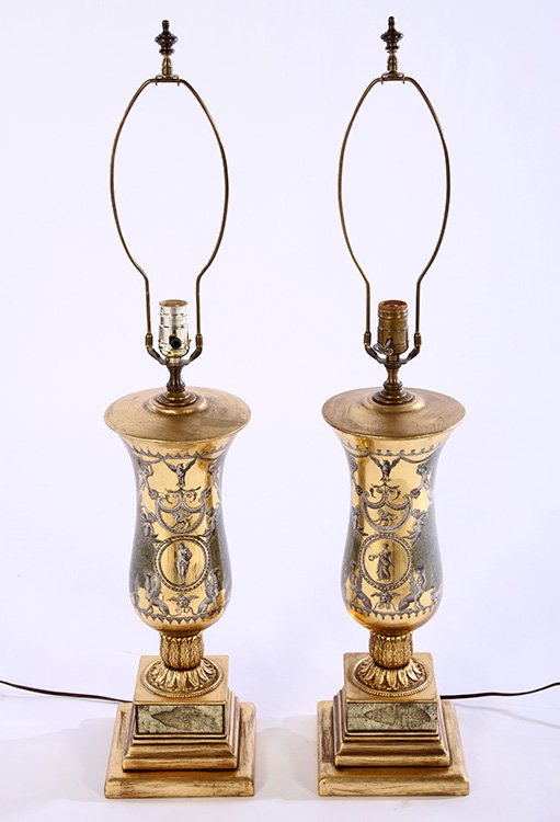 PAIR EGLOMISE HURRICANE FORM TABLE LAMPS (1 of 5)