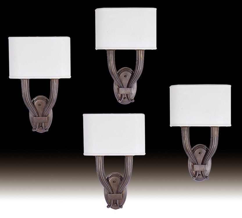 SET FOUR SCONCES TWO ARM HALF SHADE MANNER OF LELEU (1 of 4)