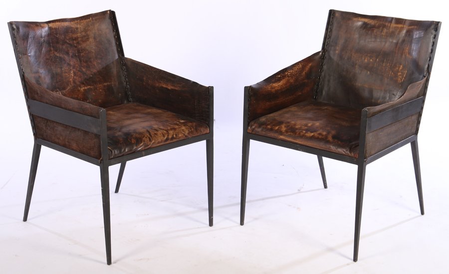 PAIR IRON LEATHER ARM CHAIRS JEAN MICHEL FRANK (1 of 5)