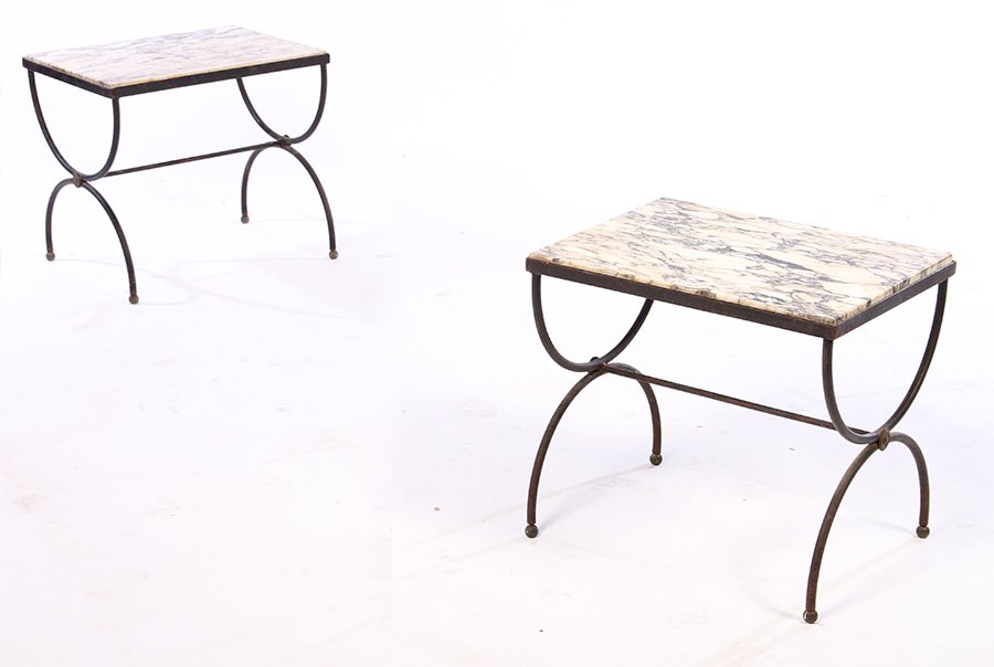 PAIR IRON CURULE FORM MARBLE TOP TABLES C.1950 (1 of 5)