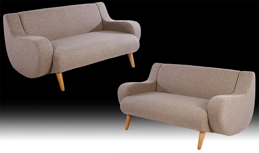 PAIR FRENCH ART DECO STYLE UPHOLSTERED LOVE SEATS (1 of 6)