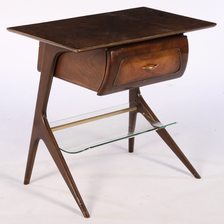 UNUSUAL ITALIAN TABLE 1 DRAWER GLASS SHELF 1950 (1 of 5)