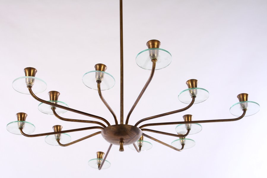 ITALIAN BRASS AND GLASS 12 ARM CHANDELIER 1950 (1 of 4)
