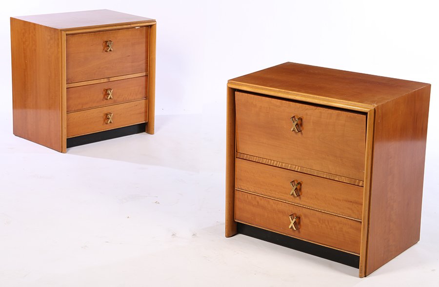 PAUL FRANKEL JOHNSON FURNITURE SIDE CABINETS: A pair of Paul Frankel for Johnson Furniture Company side cabinets, each having fall front door over two drawers. All with x-form hardware. Ht: 24" Width: 24" Depth: 17"