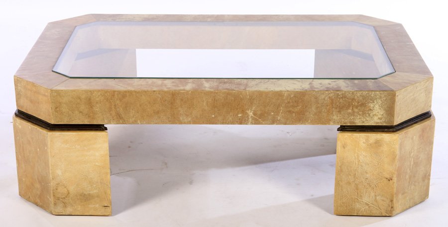 OCTAGONAL PARCHMENT COFFEE TABLE GLASS TOP C.1970 (1 of 4)