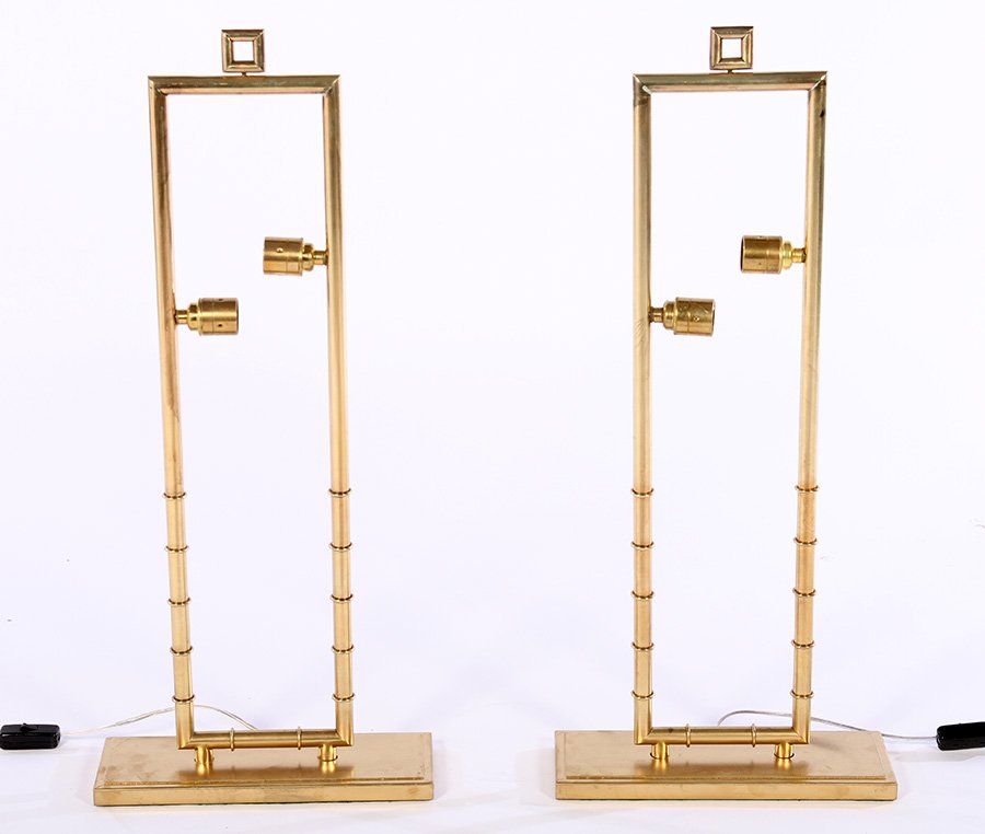 PAIR BRASS PLATED FAUX BAMBOO TABLE LAMPS C.1970 (1 of 5)