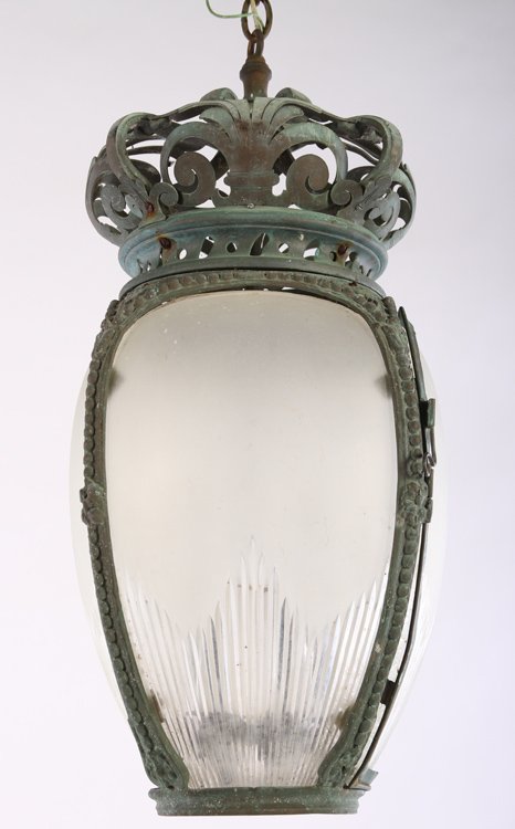 BRONZE LANTERN GREEN PATINA ETCHED GLASS 1920 (1 of 5)