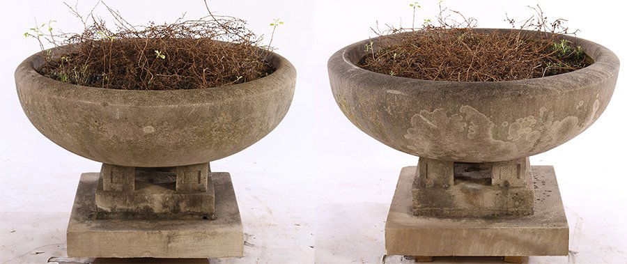 PAIR CARVED LIMESTONE GARDEN URNS FRANK WRIGHT (1 of 5)