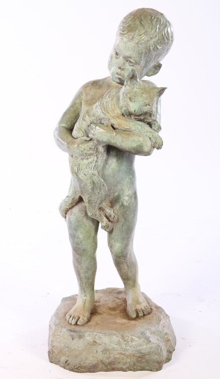 BRONZE SCULPTURE SIGNED NANCY REYNOLDS BOY & CAT (1 of 6)