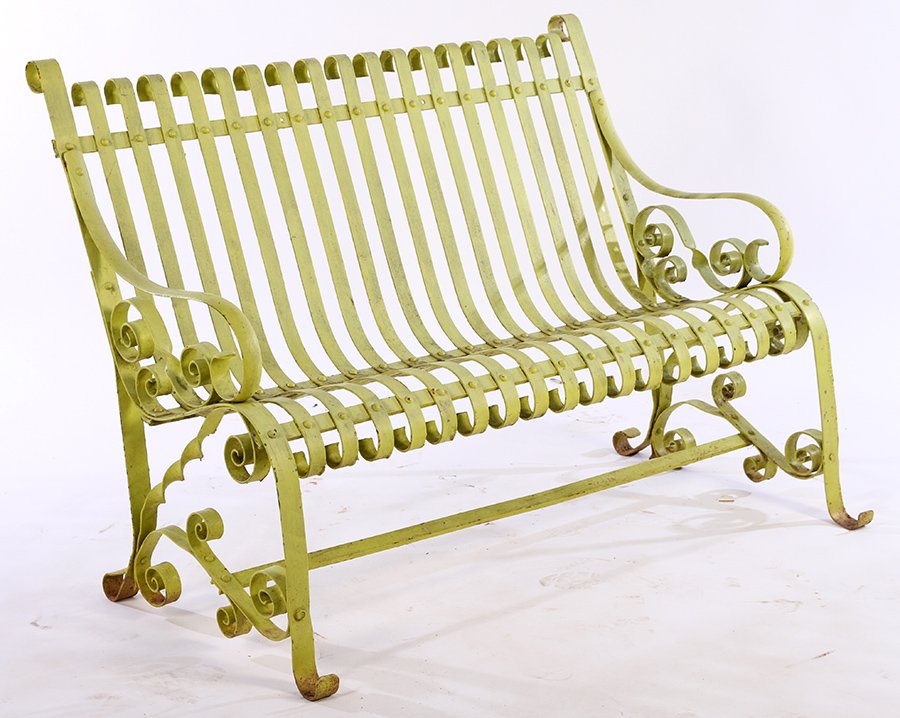 VINTAGE STRAP WORK WROUGHT IRON GARDEN BENCH (1 of 5)