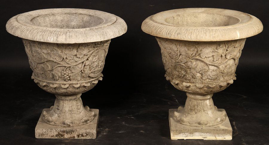 PAIR CAST STONE GARDEN URNS RAISED BASE (1 of 5)