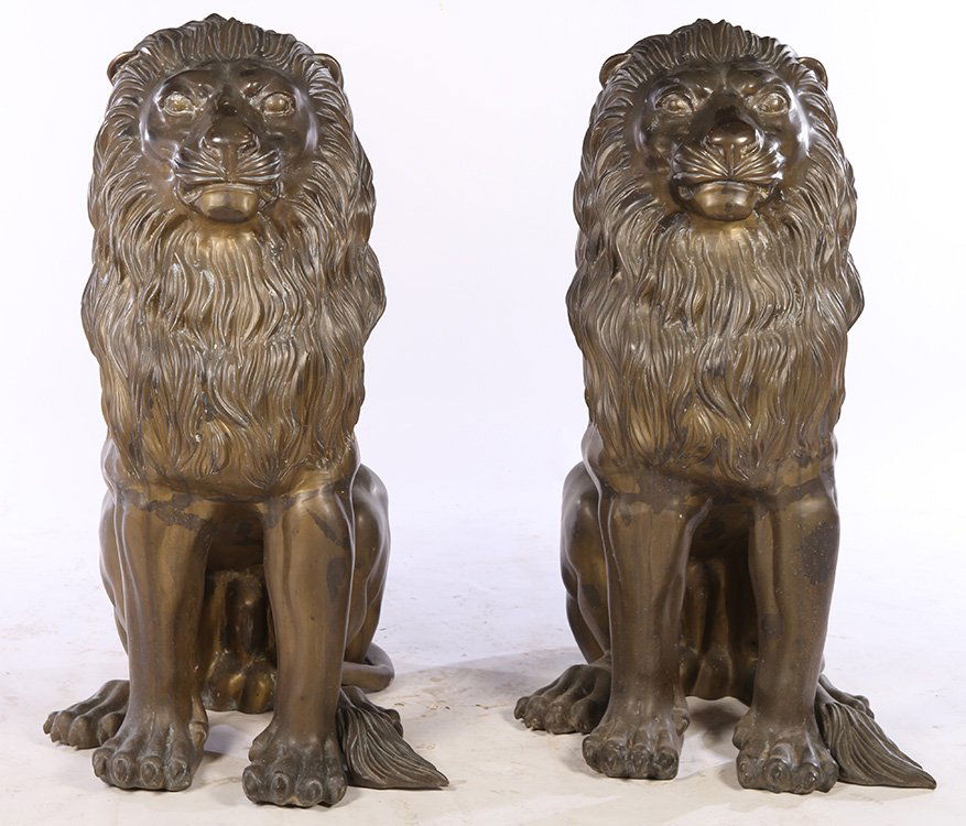 MONUMENTAL PAIR OF BRONZE SEATED LIONS (1 of 4)