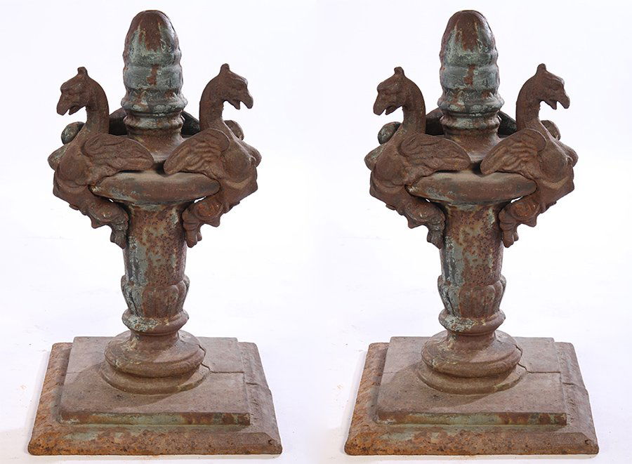 RARE PAIR 19TH CENT. CAST IRON BRIDGE FINIALS (1 of 5)