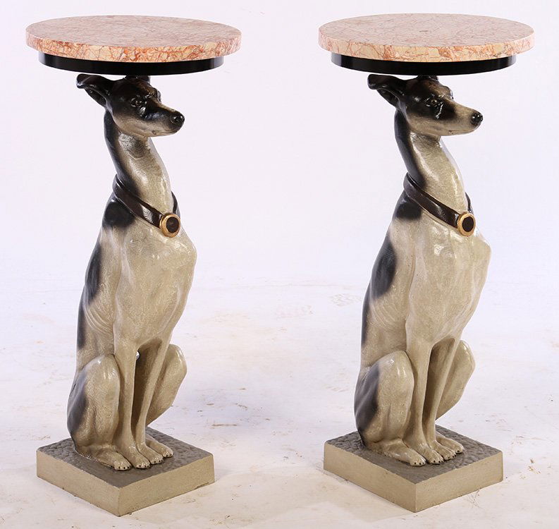 PAIR CAST IRON SEATED DOG PEDESTALS SIDE TABLES (1 of 6)