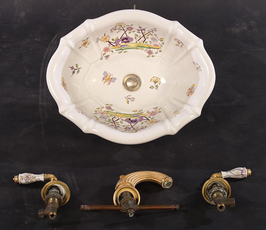 LABELED SHERLE WAGNER ITALIAN PORCELIAN SINK: A labeled Sherle Wagner Italian floral decorated porcelain sink with faucet and handles. Ht: 9" Width: 19" Depth: 15.5"