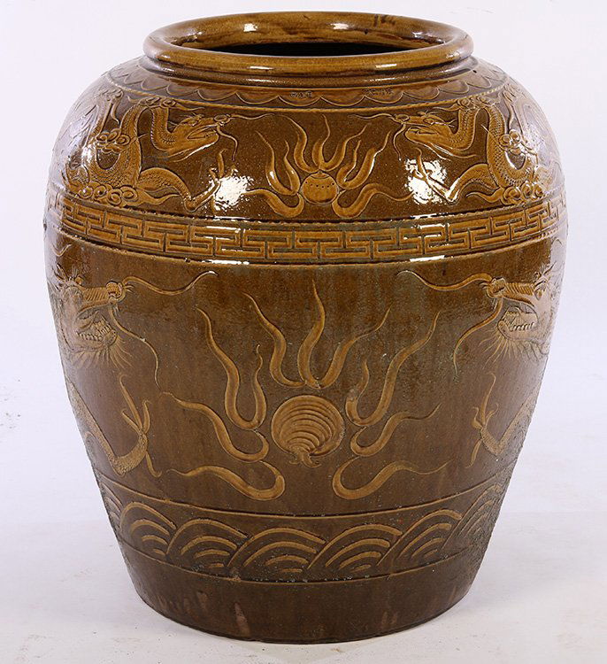 LARGE ASIAN GLAZED DRAGON DECORATED VESSEL (1 of 6)