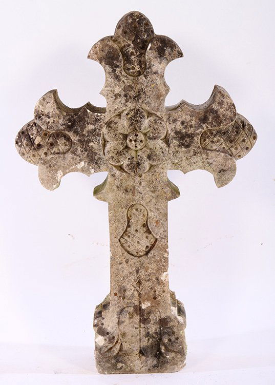 FRENCH CARVED LIMESTONE CROSS FLEUR DE LIS 1900 (1 of 3)