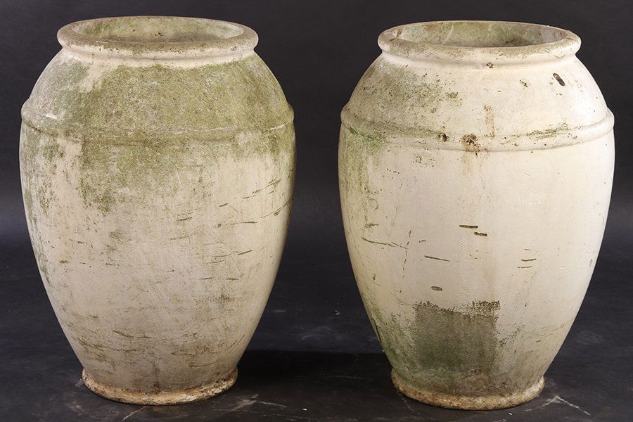 PAIR EARTHENWARE PAINTED GARDEN VESSELS OIL JARS (1 of 4)