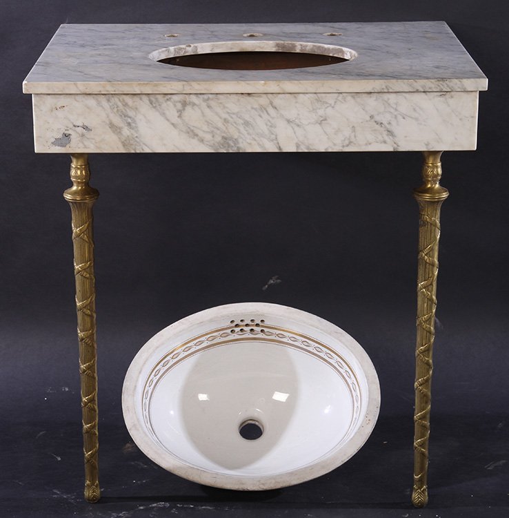 MARBLE SINK WITH PORCELAIN BOWL BRONZE LEGS 1910 (1 of 4)