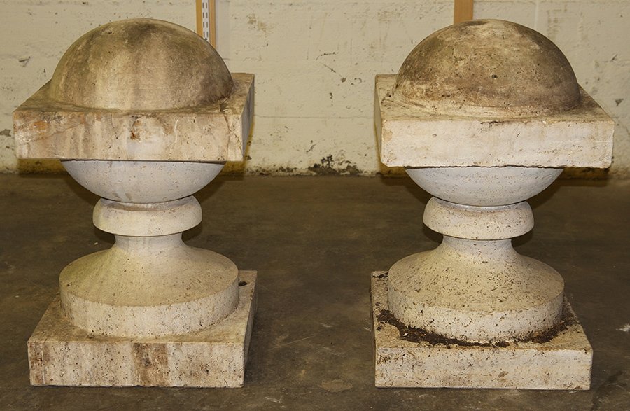 PAIR GEORGIAN TRAVERTINE FINIALS SPHERE FORM TOPS: A pair of Georgian style travertine finials having sphere form tops. Ht: 31" Width: 18" Depth: 18"