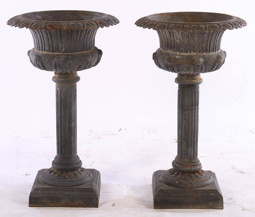 PAIR CAST IRON GARDEN URNS EGG & DART FORM RIM (1 of 5)