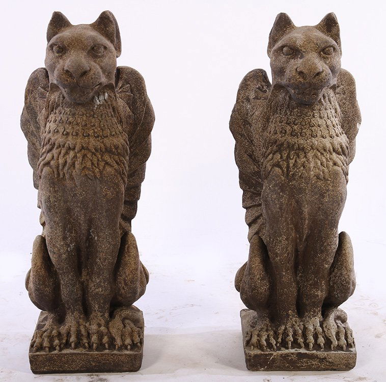 PAIR CAST STONE SEATED WINGED GRIFFINS (1 of 5)
