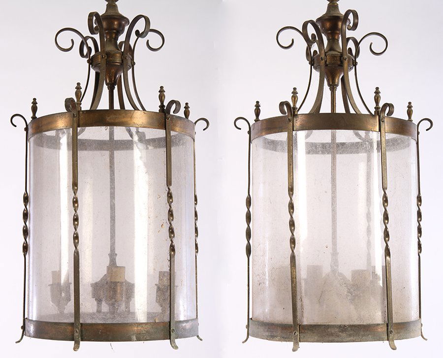 PAIR BRONZE GLASS LANTERNS TWISTED SUPPORTS 1900 (1 of 6)