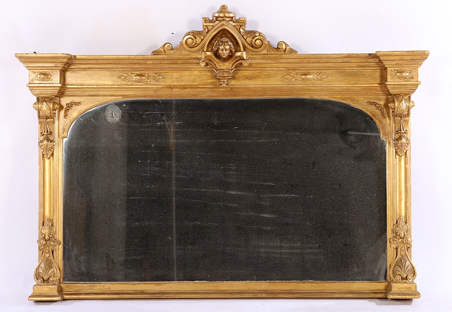 19TH CENT. GOLD OVER MANTLE MIRROR ANSONIA FACE (1 of 4)