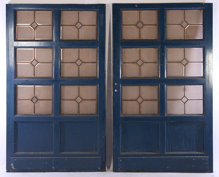 PAIR PAINTED DOORS LEADED BEVELED GLASS C.1900 (1 of 5)