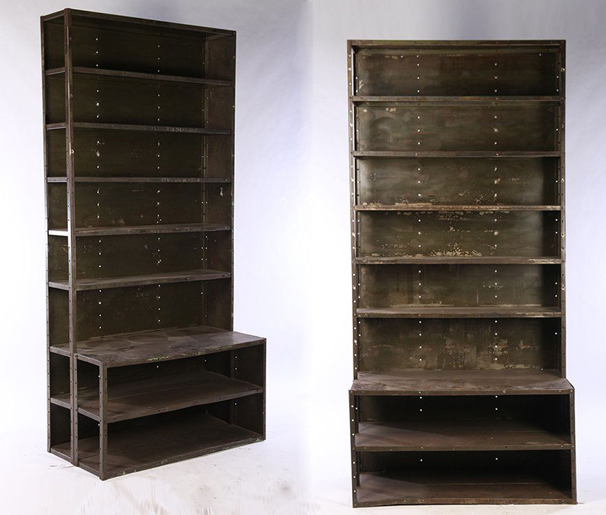 PAIR PAINTED IRON STEP BACK SHELVING UNITS 1940 (1 of 7)