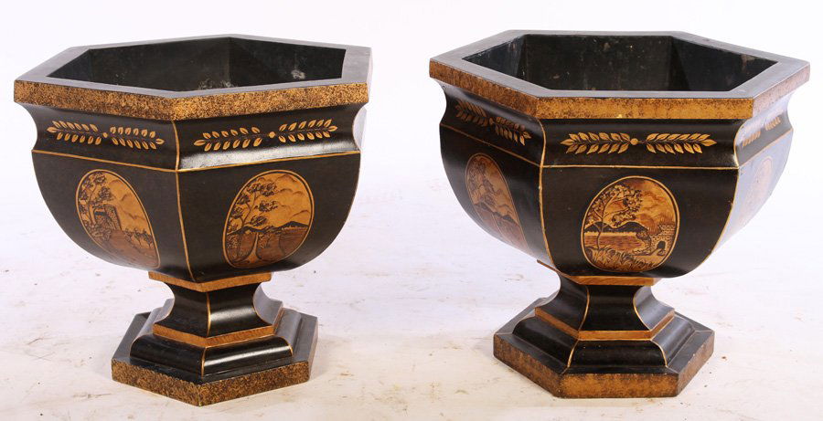 PAIR TOLE PAINTED CHINOISERIE DECORATED PLANTERS (1 of 5)