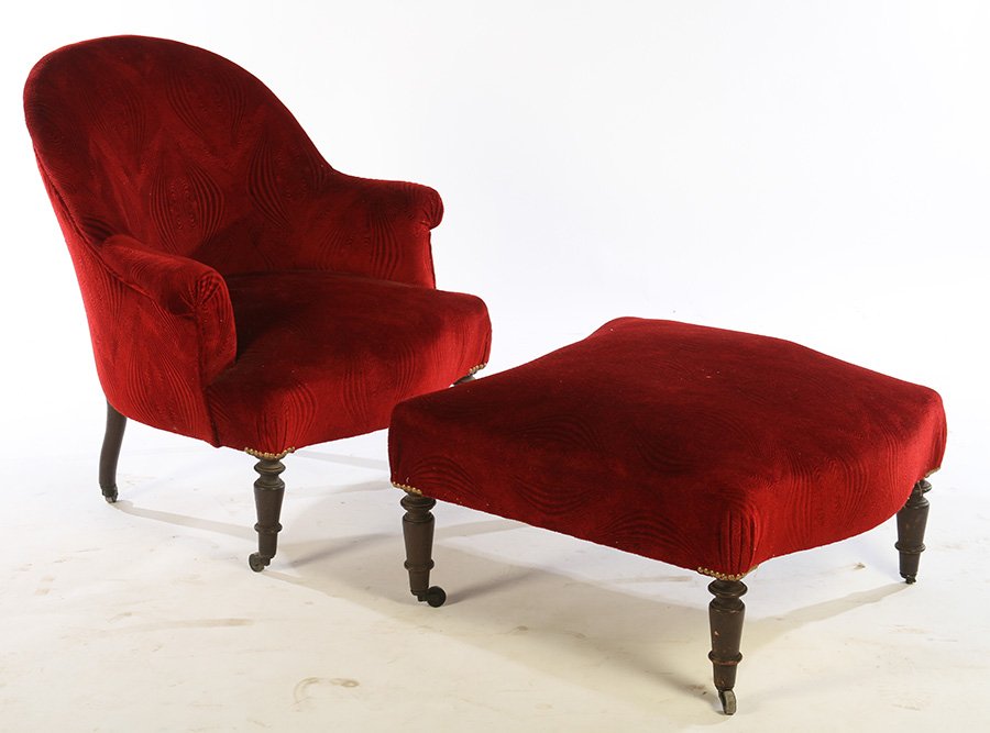 NAPOLEON III CHAIR & OTTOMAN TURNED LEGS 1870: A Napoleon III chair and ottoman resting on a turned leg circa 1870. Ht: 32" Width: 30" Depth: 24"