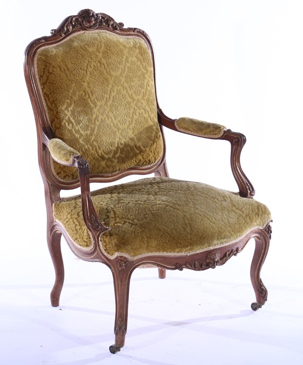 FRENCH CARVED WALNUT OPEN ARM CHAIR VELVET 1910 (1 of 5)